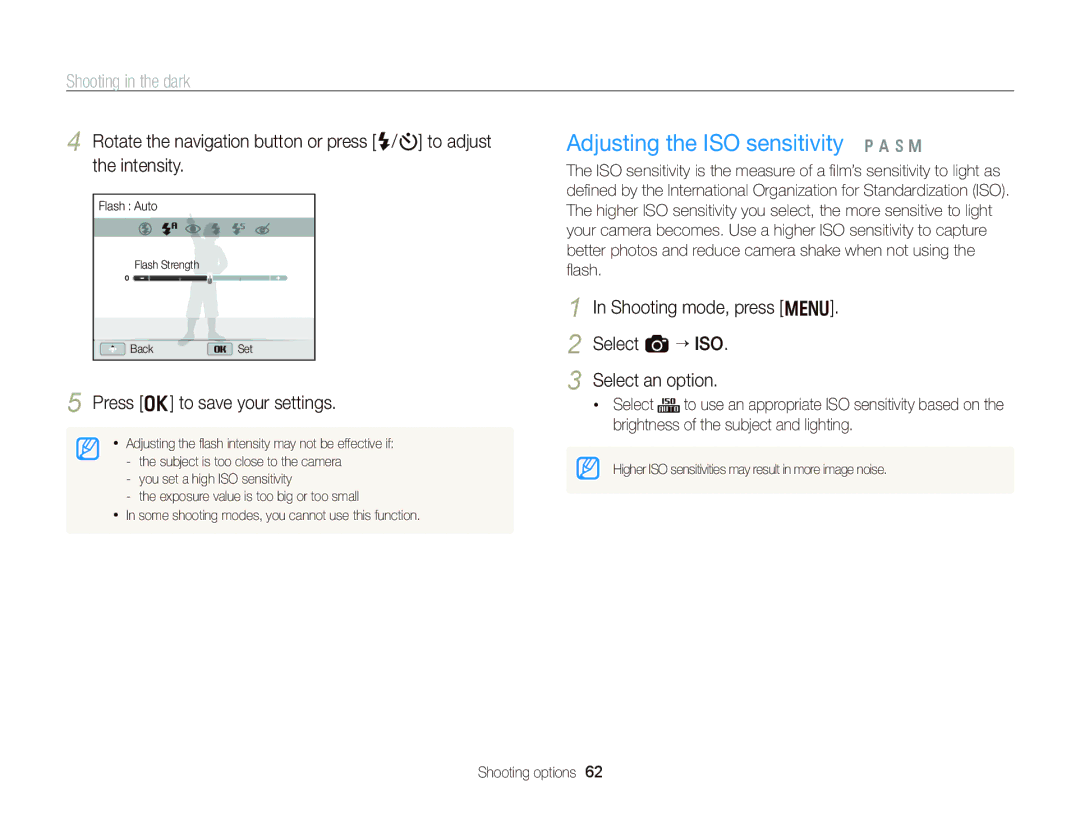 Samsung WB750 user manual Adjusting the ISO sensitivity p a h M, Shooting mode, press m Select a “ ISO Select an option 