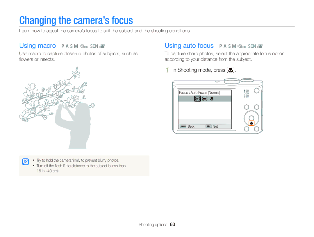 Samsung WB750 user manual Changing the camera’s focus, Using auto focus p a h M d s, Shooting mode, press c 