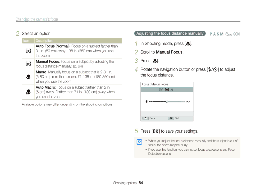 Samsung WB750 user manual Changing the camera’s focus, Adjusting the focus distance manually p a h M d s 