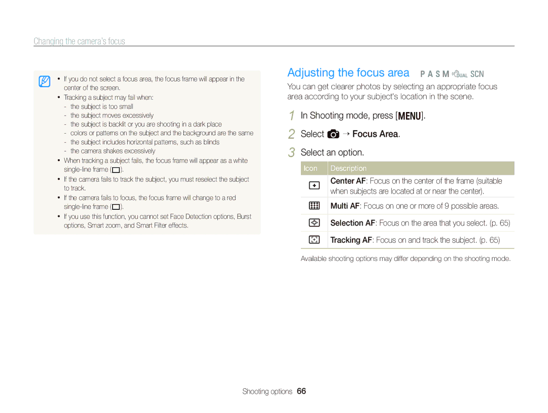 Samsung WB750 user manual Adjusting the focus area p a h M d s 