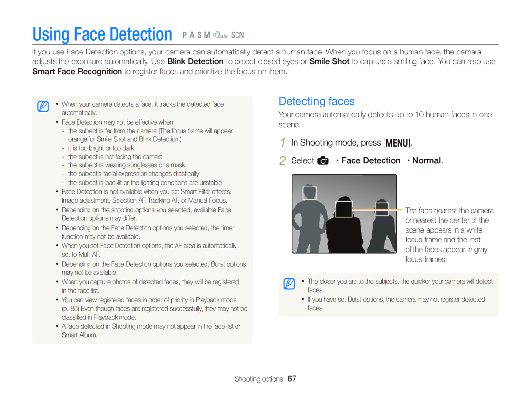 Samsung WB750 Using Face Detection p a h M d s, Detecting faces, Shooting mode, press m Select a “ Face Detection “ Normal 