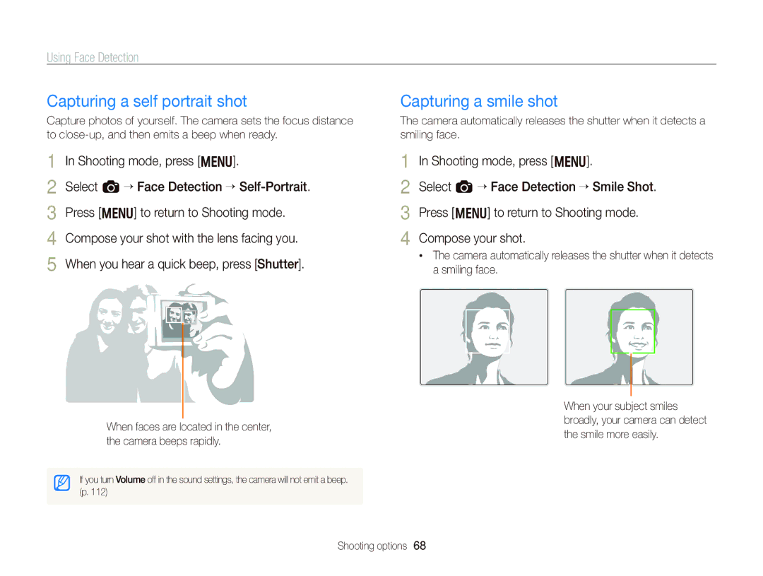 Samsung WB750 Capturing a self portrait shot, Capturing a smile shot, Using Face Detection, Shooting mode, press m 