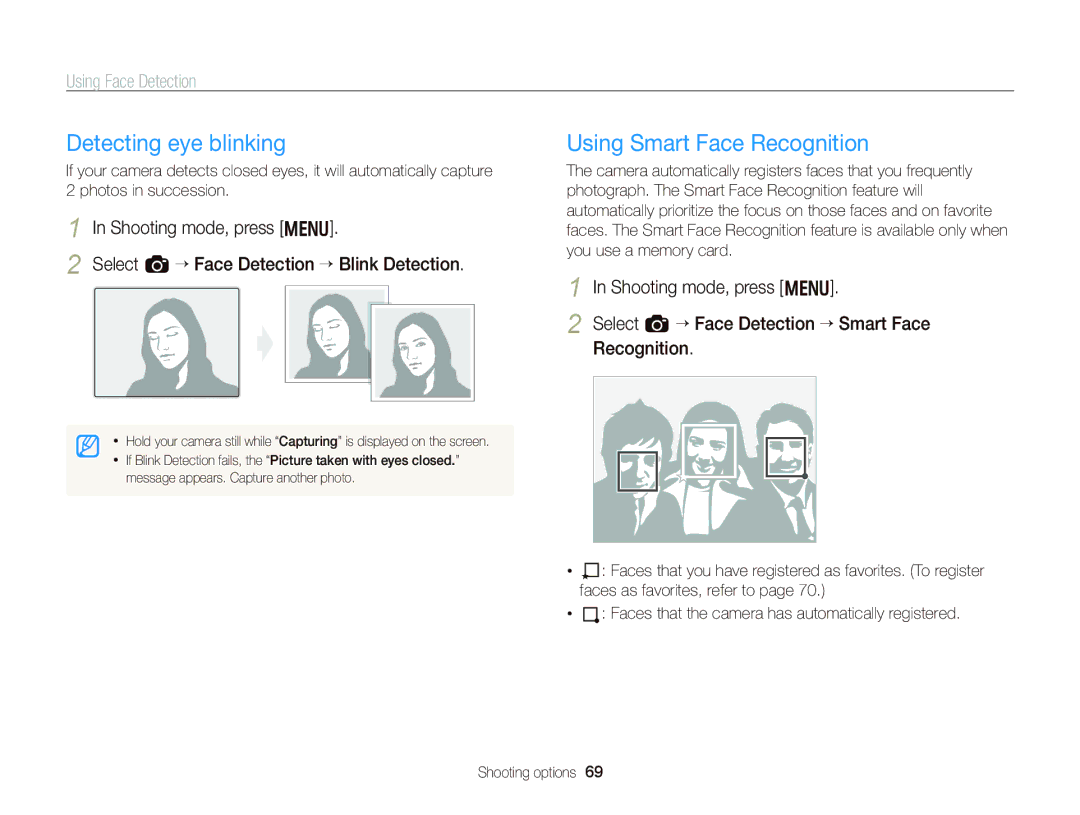 Samsung WB750 user manual Detecting eye blinking, Using Smart Face Recognition 