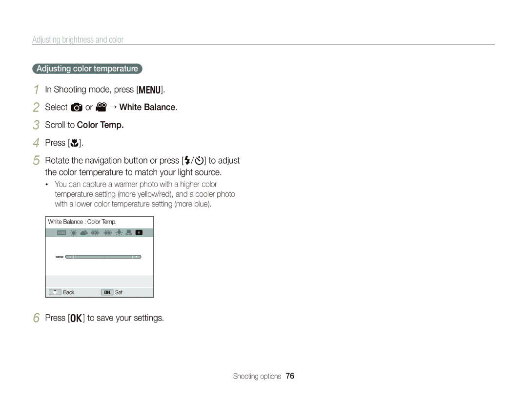 Samsung WB750 user manual Adjusting color temperature 