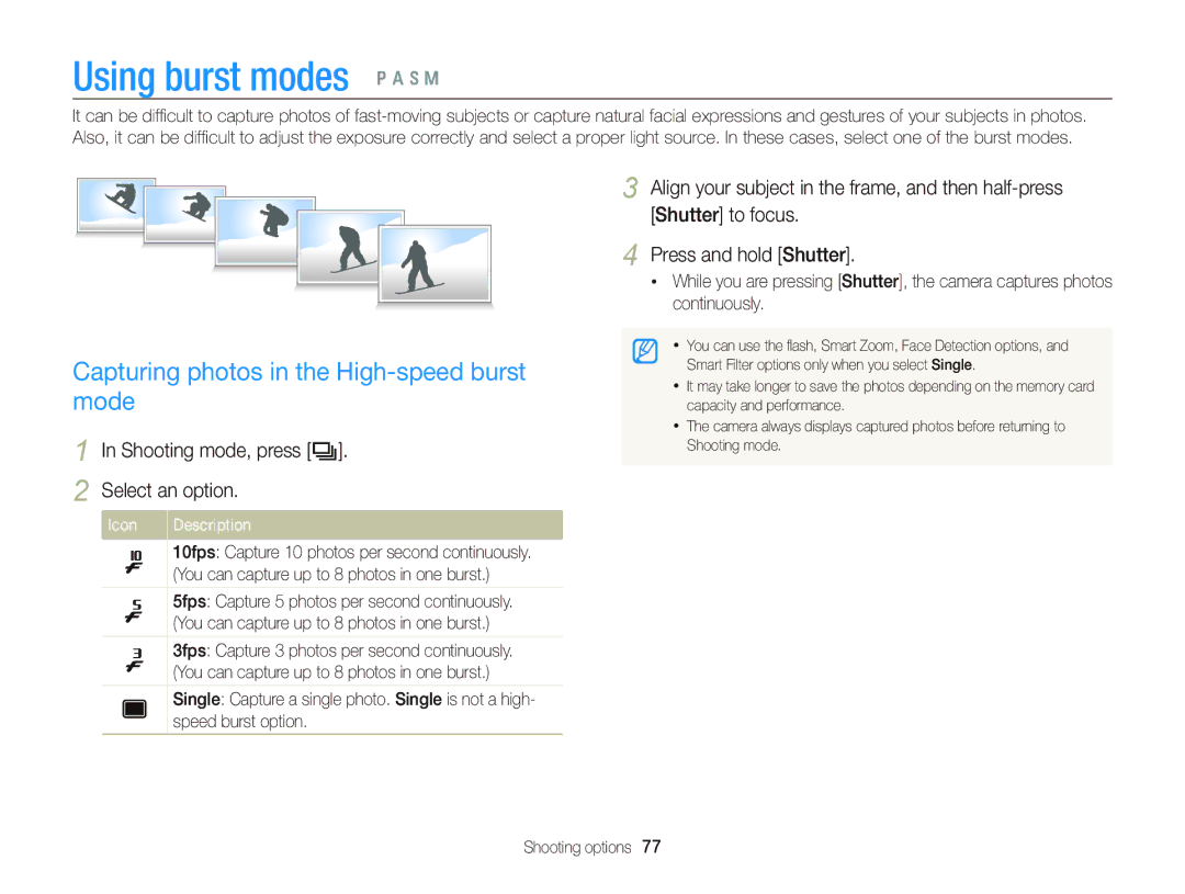 Samsung WB750 user manual Using burst modes p a h M, Capturing photos in the High-speed burst mode, Speed burst option 