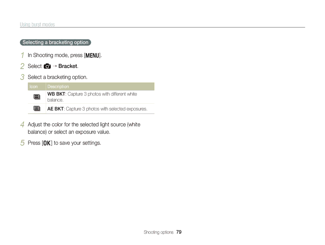 Samsung WB750 user manual Selecting a bracketing option 