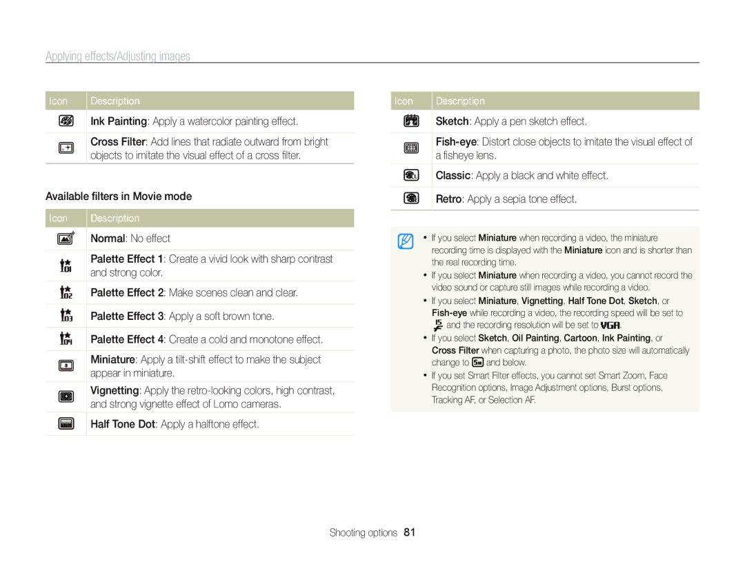 Samsung WB750 user manual Applying effects/Adjusting images, Objects to imitate the visual effect of a cross ﬁlter 