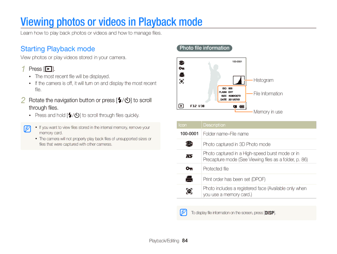 Samsung WB750 user manual Viewing photos or videos in Playback mode, Starting Playback mode, Press P, Photo ﬁle information 