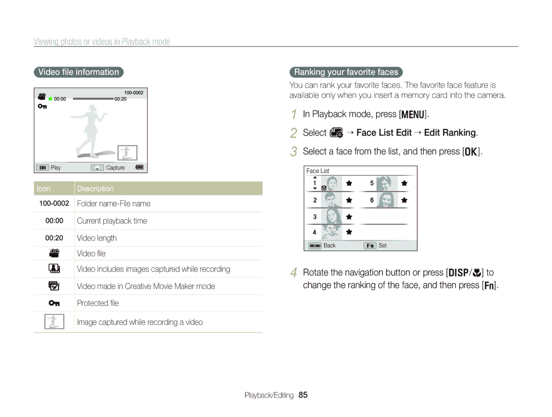 Samsung WB750 user manual Viewing photos or videos in Playback mode, Playback mode, press m, Video ﬁle information 