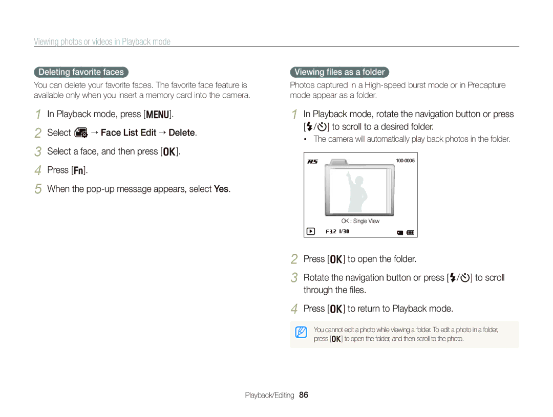 Samsung WB750 Deleting favorite faces, Viewing ﬁles as a folder, Camera will automatically play back photos in the folder 