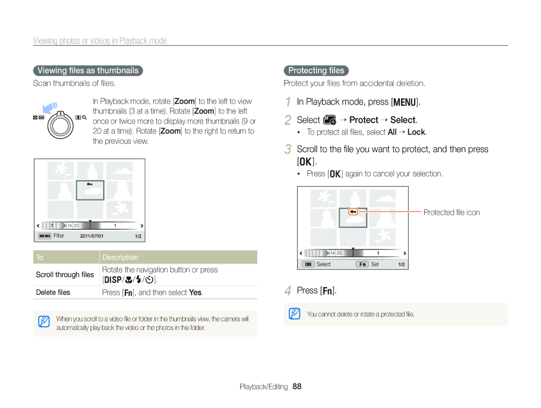 Samsung WB750 Playback mode, press m Select O “ Protect “ Select, Scroll to the ﬁle you want to protect, and then press o 