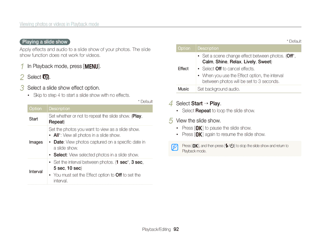 Samsung WB750 user manual Select a slide show effect option 