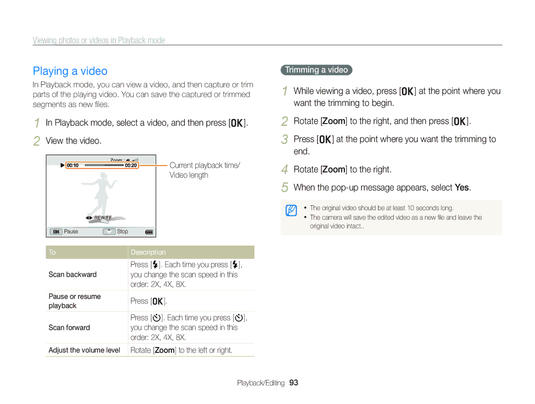 Samsung WB750 user manual Playing a video, Trimming a video 