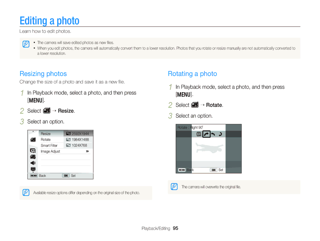 Samsung WB750 user manual Editing a photo, Resizing photos, Rotating a photo, Learn how to edit photos 