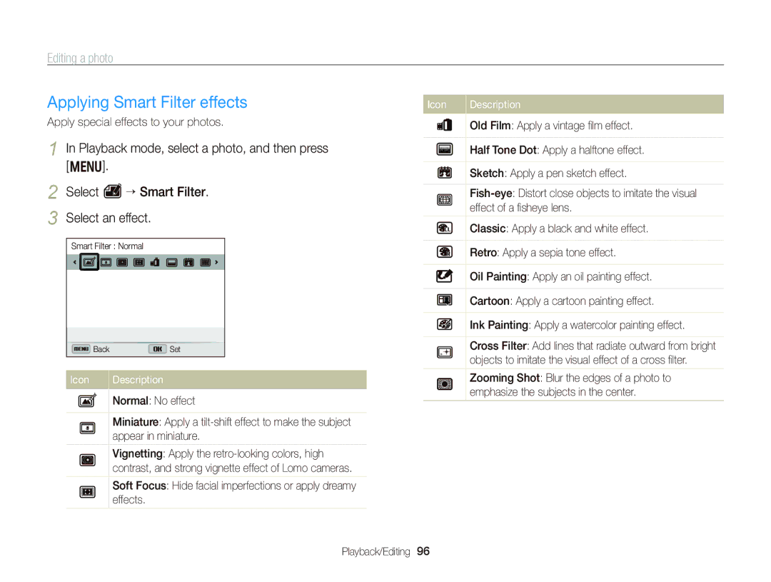 Samsung WB750 user manual Applying Smart Filter effects, Editing a photo, Playback mode, select a photo, and then press 