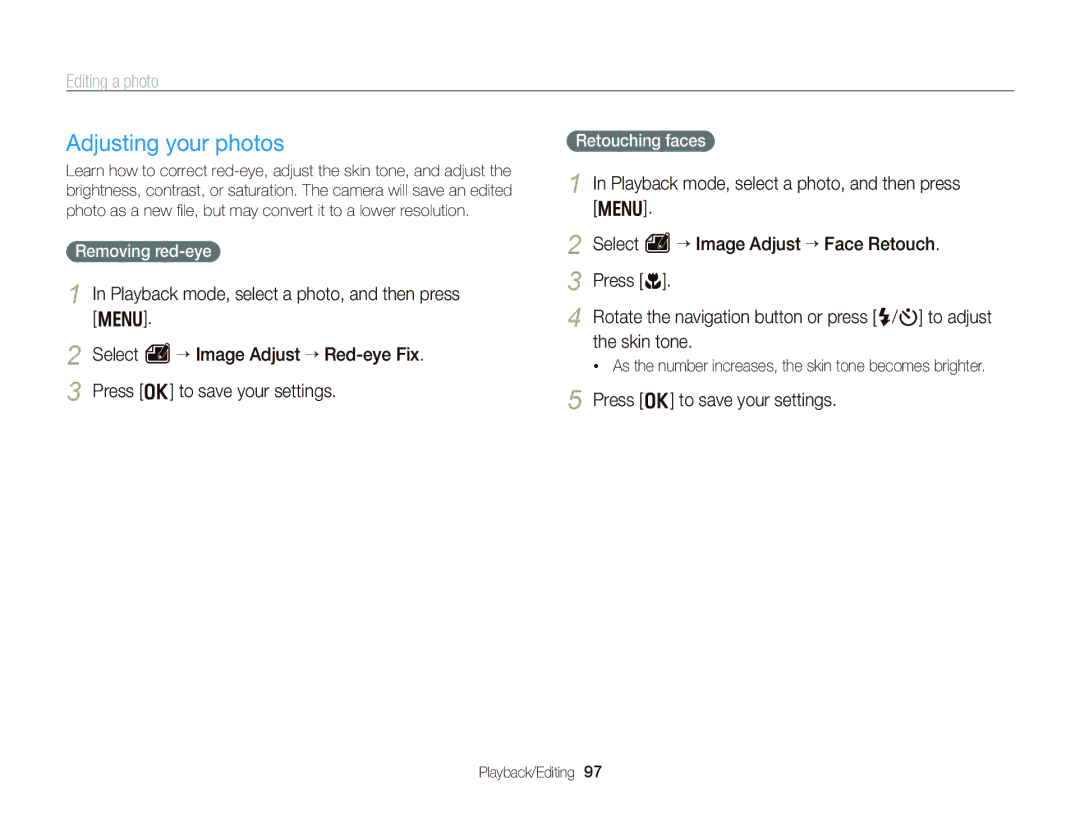 Samsung WB750 user manual Adjusting your photos, Removing red-eye, Retouching faces 