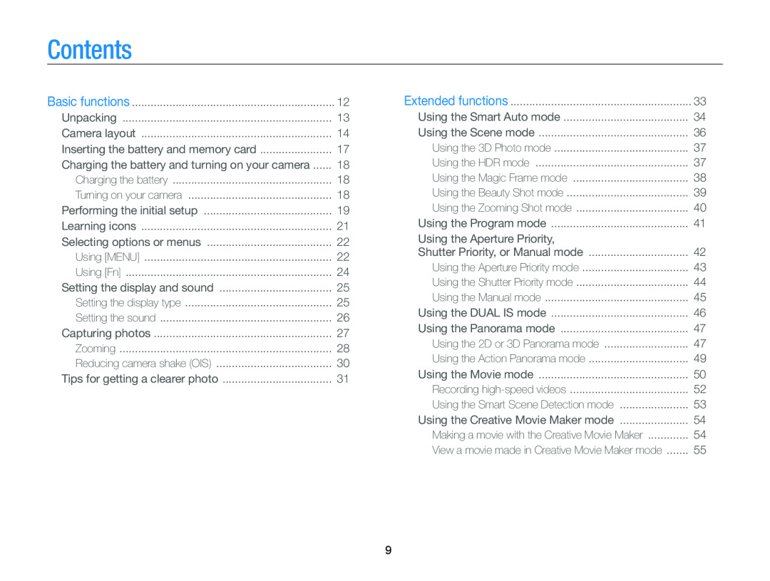 Samsung WB750 user manual Contents, Charging the battery and turning on your camera, Using the Aperture Priority 