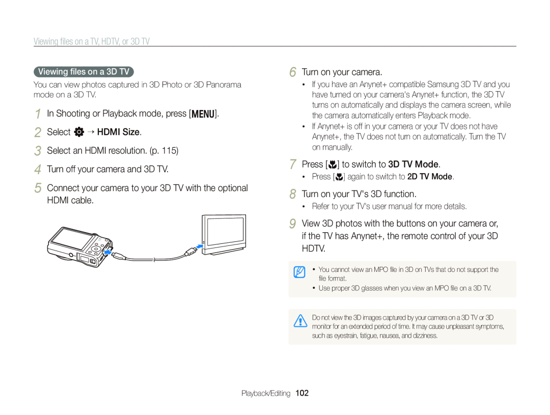 Samsung WB750 user manual Select an HDMI resolution. p 4 Turn off your camera and 3D TV, Press c to switch to 3D TV Mode 