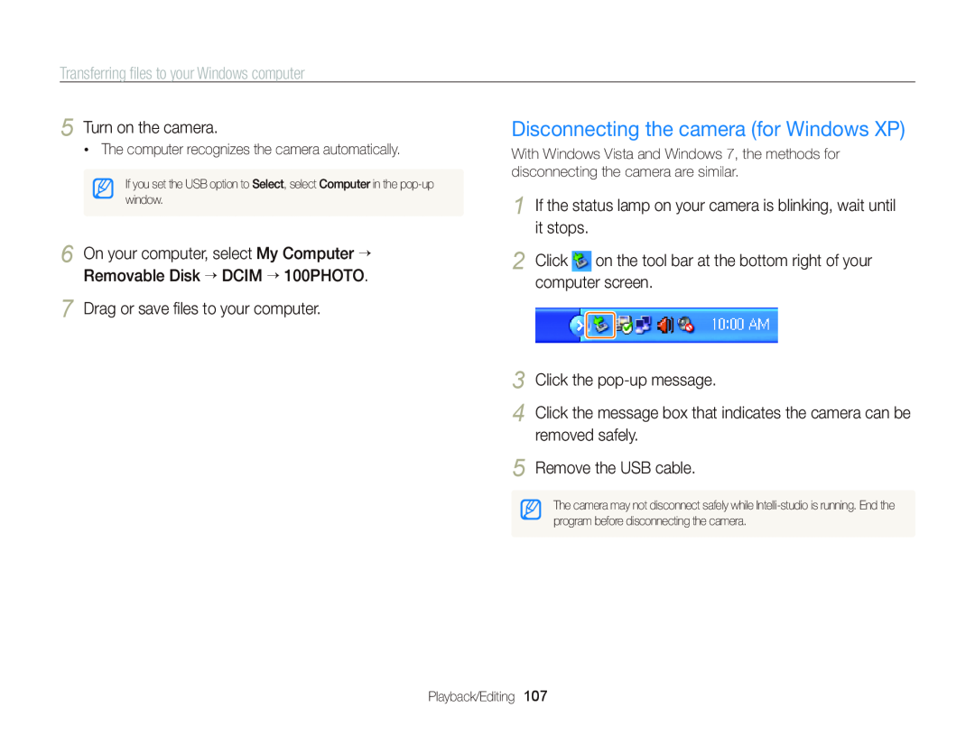 Samsung WB750 user manual Disconnecting the camera for Windows XP, Transferring ﬁles to your Windows computer 