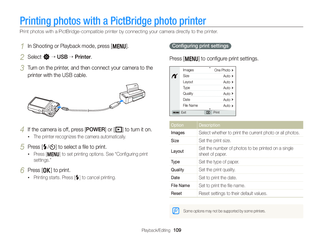 Samsung WB750 Printing photos with a PictBridge photo printer, If the camera is off, press POWER or P to turn it on 