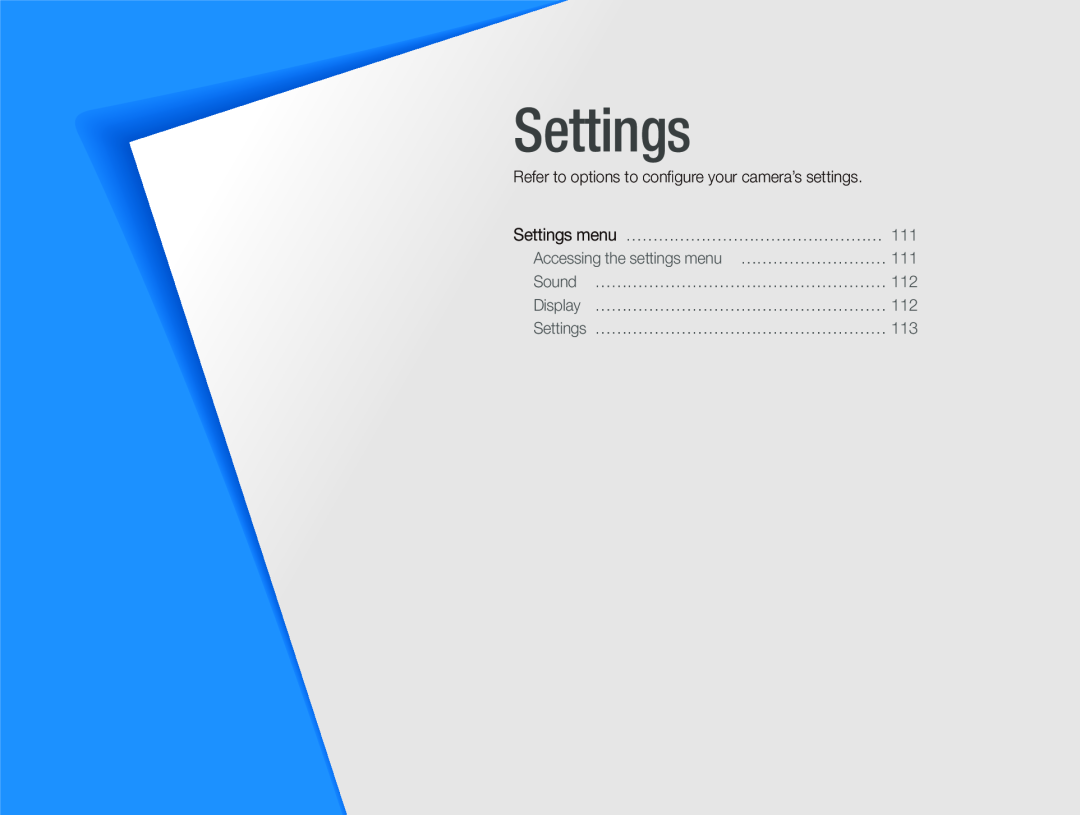 Samsung WB750 user manual Settings, Refer to options to conﬁgure your camera’s settings 