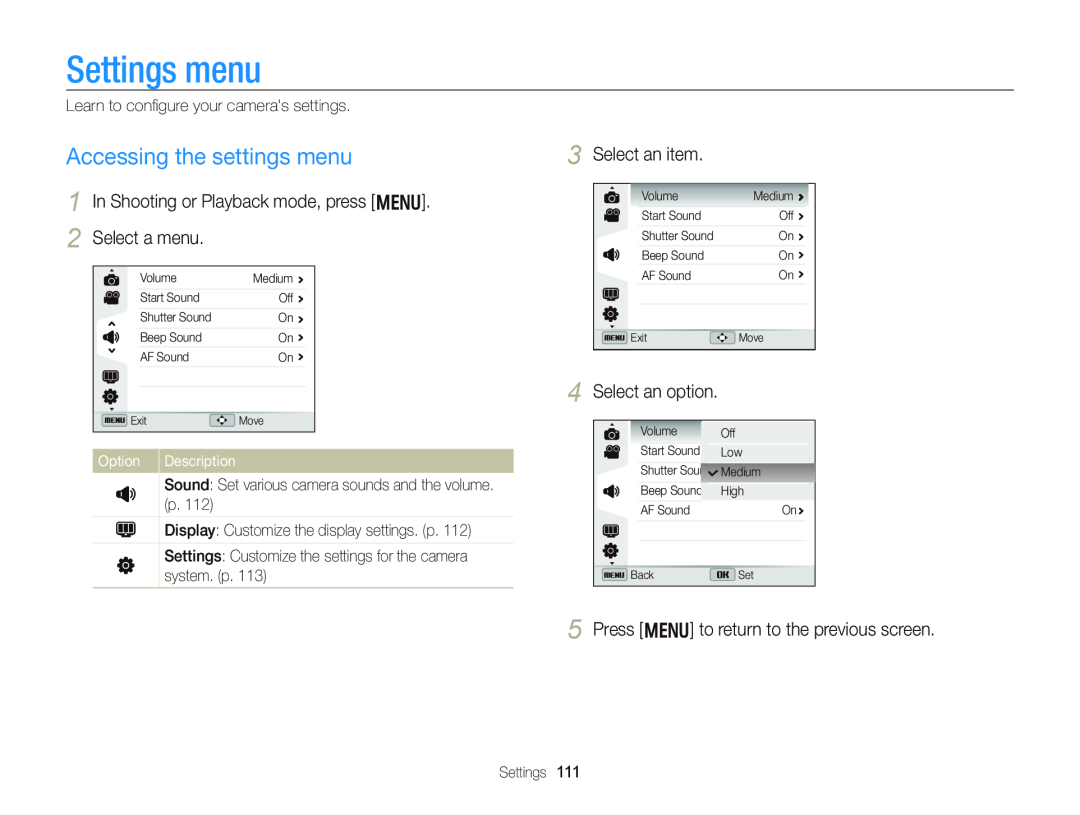 Samsung WB750 Settings menu, Accessing the settings menu, Select an item, Press m to return to the previous screen, Option 