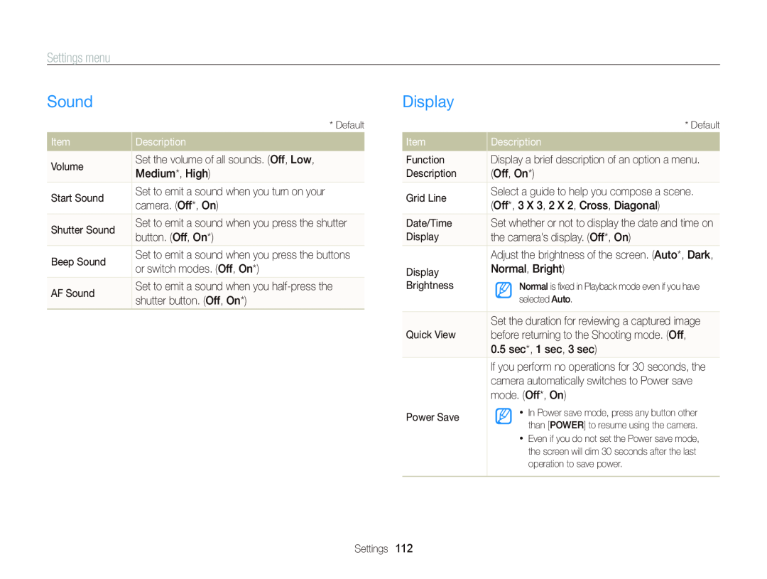 Samsung WB750 user manual Sound, Display, Settings menu, Description 