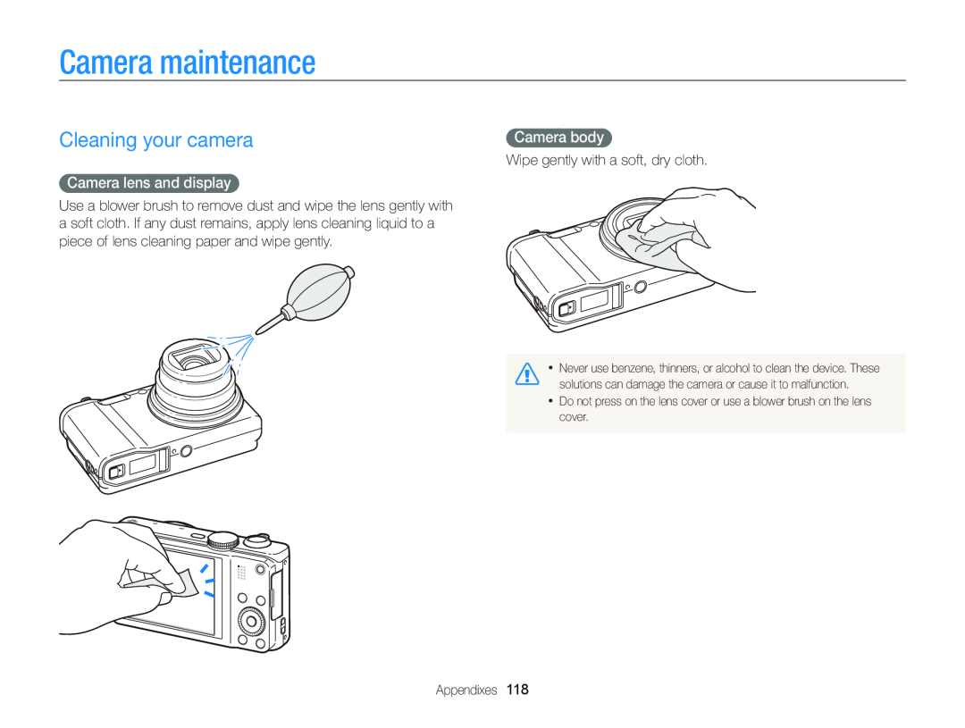 Samsung WB750 user manual Camera maintenance, Cleaning your camera, Camera lens and display, Camera body 