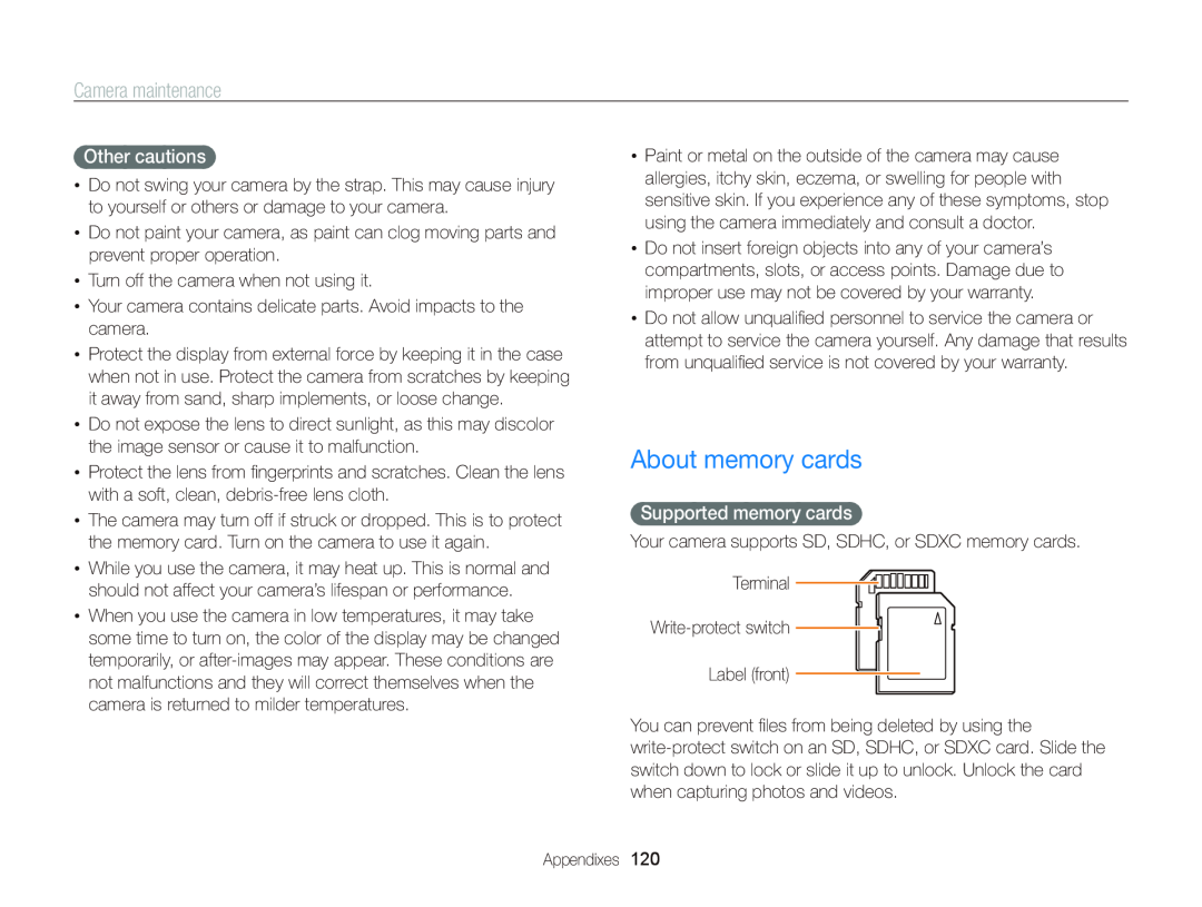 Samsung WB750 user manual About memory cards, Other cautions, Supported memory cards, Camera maintenance 