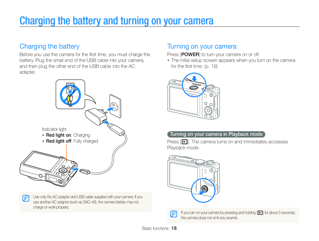 Samsung WB750 user manual Charging the battery and turning on your camera, Turning on your camera 