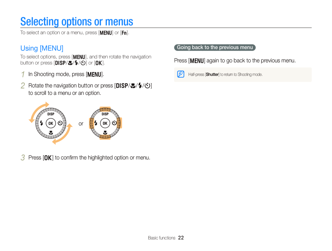 Samsung WB750 user manual Selecting options or menus, Using MENU 