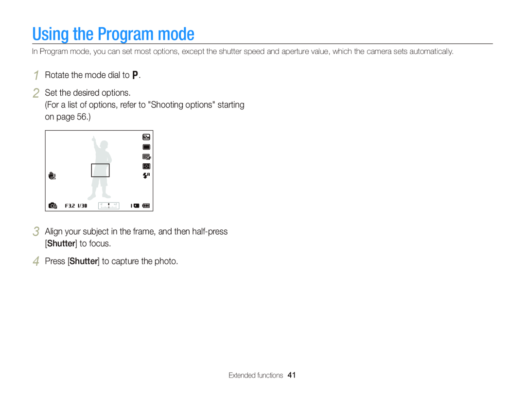 Samsung WB750 user manual Using the Program mode, Rotate the mode dial to p 2 Set the desired options 