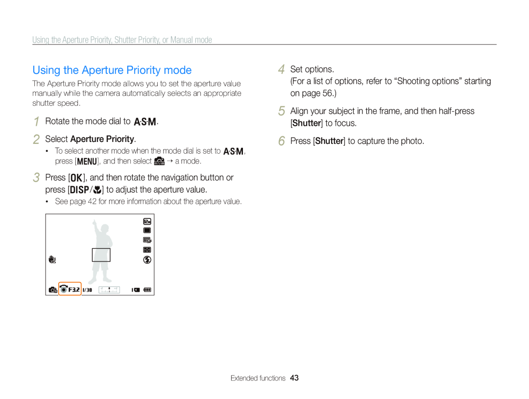 Samsung WB750 user manual Using the Aperture Priority mode, Using the Aperture Priority, Shutter Priority, or Manual mode 