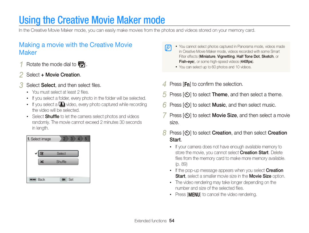 Samsung WB750 user manual Using the Creative Movie Maker mode, Making a movie with the Creative Movie Maker 
