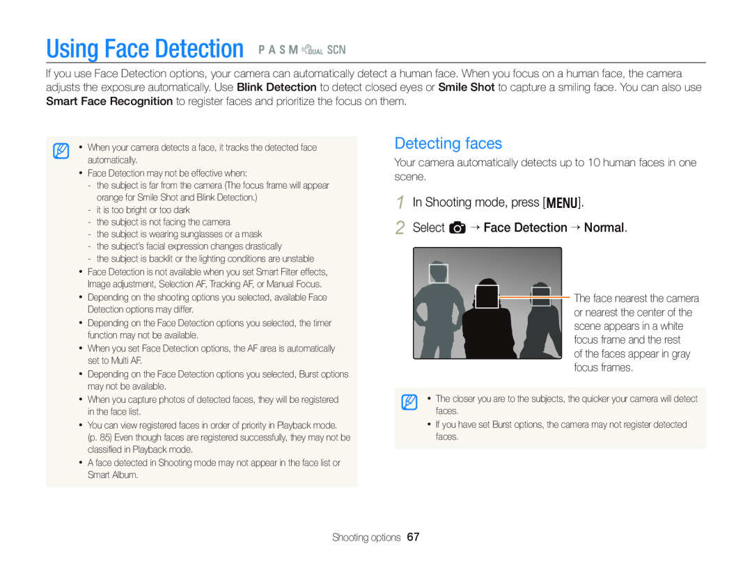 Samsung WB750 user manual Using Face Detection p A h M d s, Detecting faces 