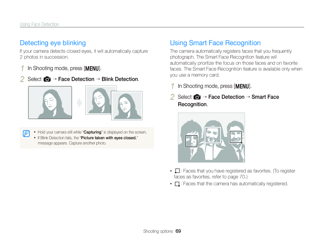 Samsung WB750 user manual Detecting eye blinking, Using Smart Face Recognition, Select a “ Face Detection “ Blink Detection 