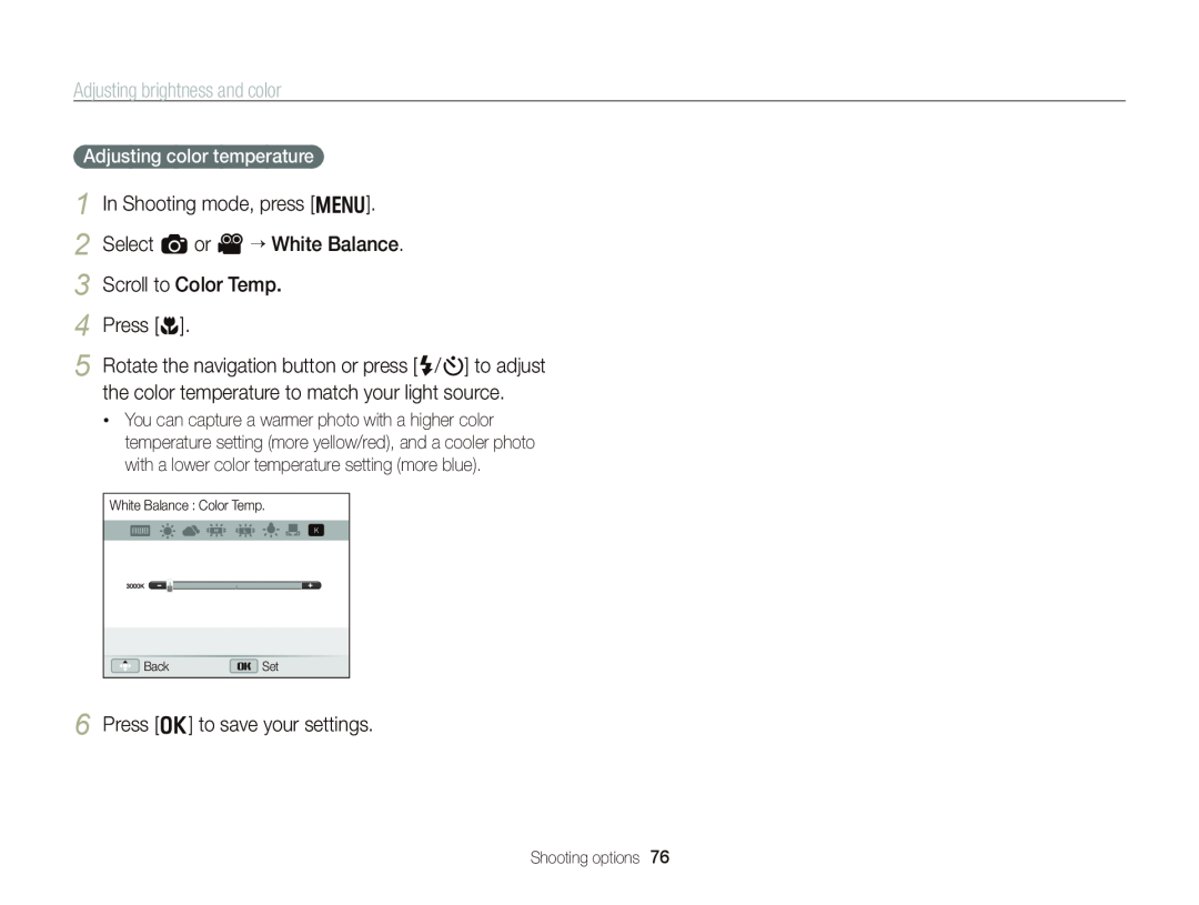 Samsung WB750 user manual Scroll to Color Temp 4 Press c, Adjusting color temperature, Adjusting brightness and color 
