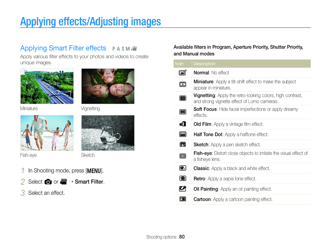 Samsung WB750 user manual Applying effects/Adjusting images, Applying Smart Filter effects p A h M, Select an effect, Icon 