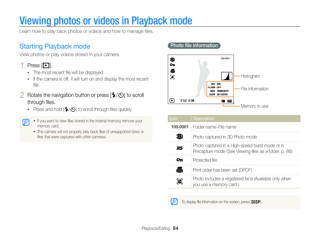 Samsung WB750 Viewing photos or videos in Playback mode, Starting Playback mode, Press P, Photo ﬁle information, Icon 