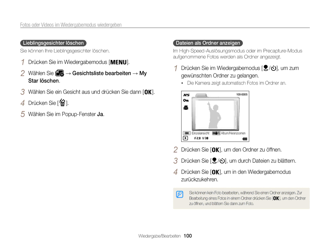 Samsung WB855F, WB850F Wählen Sie im Popup-Fenster Ja, Drücken Sie Um den Ordner zu öffnen, Lieblingsgesichter löschen  