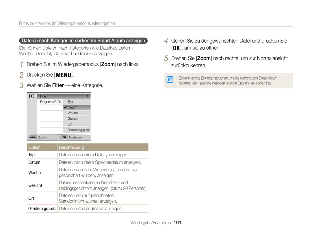 Samsung WB850F, WB855F manual Dateien nach Kategorien sortiert im Smart Album anzeigen  