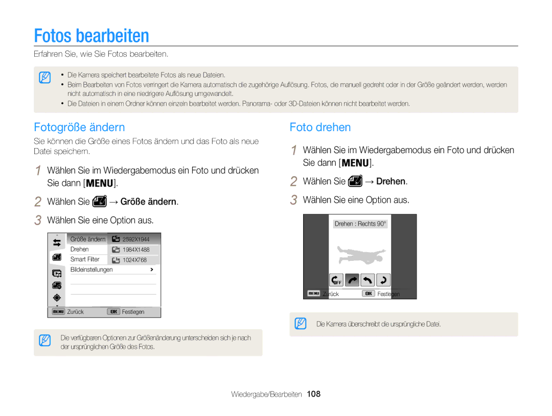 Samsung WB855F, WB850F manual Fotogröße ändern, Foto drehen, Erfahren Sie, wie Sie Fotos bearbeiten 