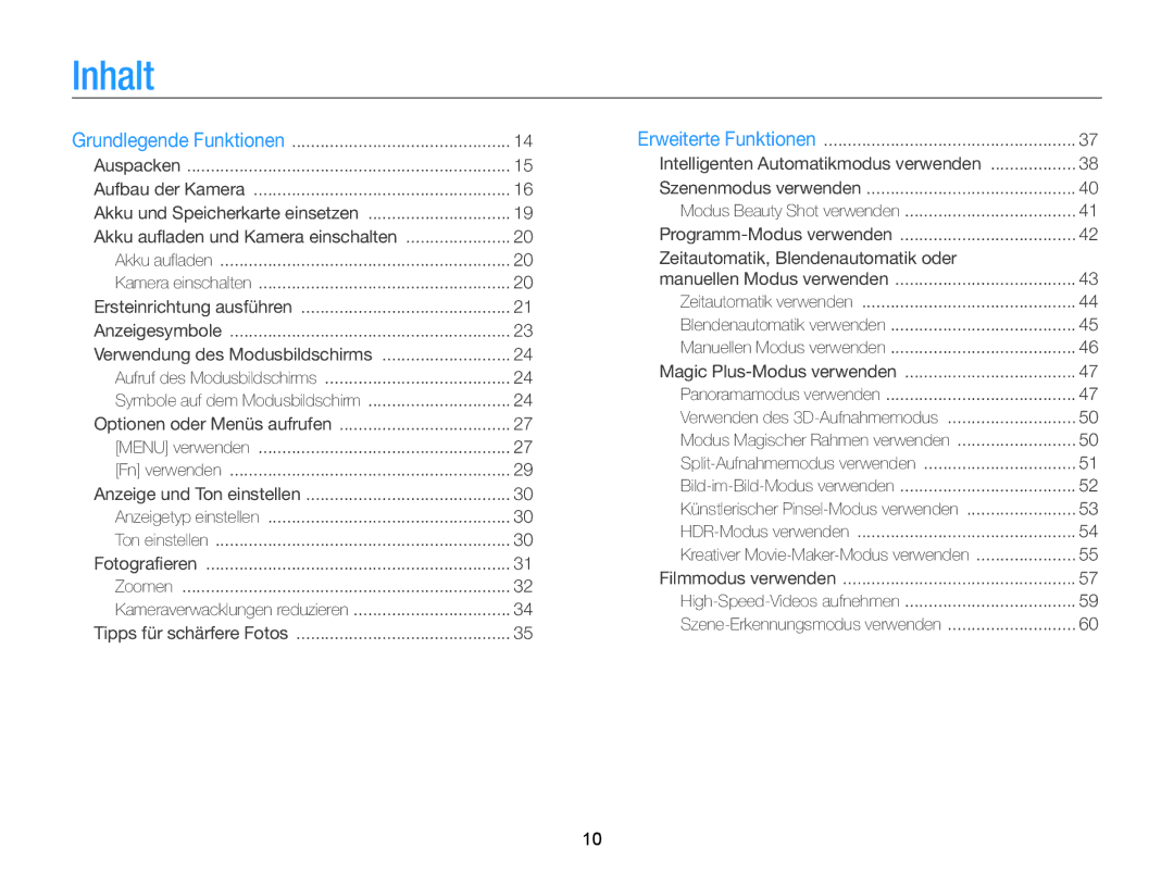 Samsung WB855F, WB850F manual Inhalt, Verwendung des Modusbildschirms 