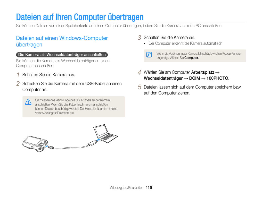 Samsung WB855F, WB850F manual Dateien auf Ihren Computer übertragen, Dateien auf einen Windows-Computer übertragen 