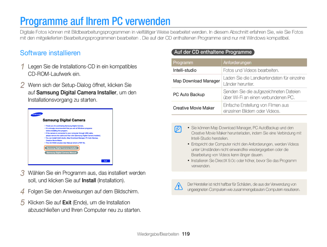 Samsung WB850F Programme auf Ihrem PC verwenden, Software installieren, Folgen Sie den Anweisungen auf dem Bildschirm 