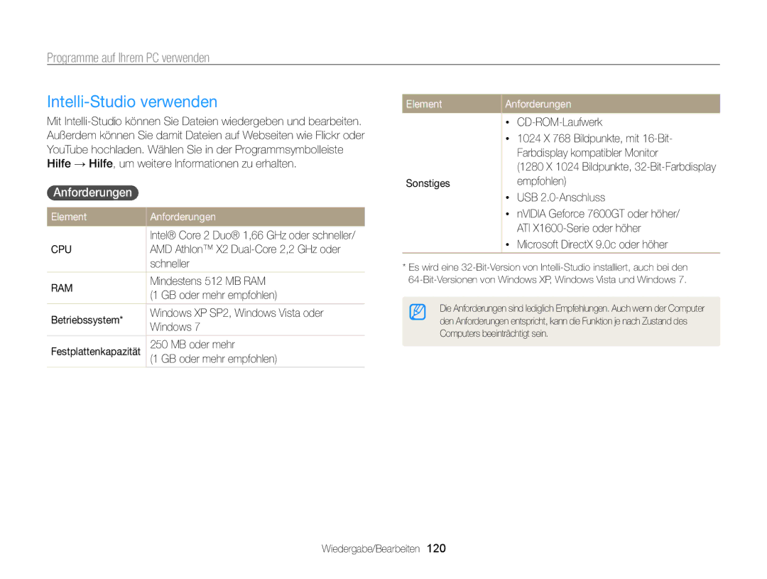 Samsung WB855F, WB850F Intelli-Studio verwenden, Programme auf Ihrem PC verwenden, Anforderungen , Element Anforderungen 