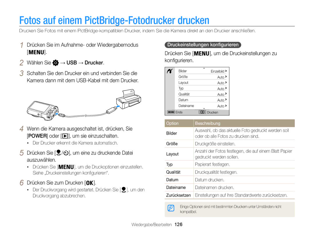 Samsung WB855F Fotos auf einem PictBridge-Fotodrucker drucken, Drücken Sie / , um eine zu druckende Datei Auszuwählen 