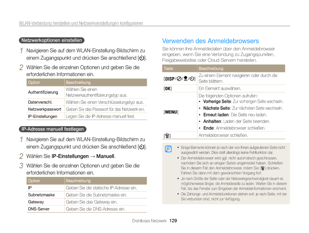 Samsung WB850F, WB855F manual Verwenden des Anmeldebrowsers, Navigieren Sie auf dem WLAN-Einstellung-Bildschirm zu 