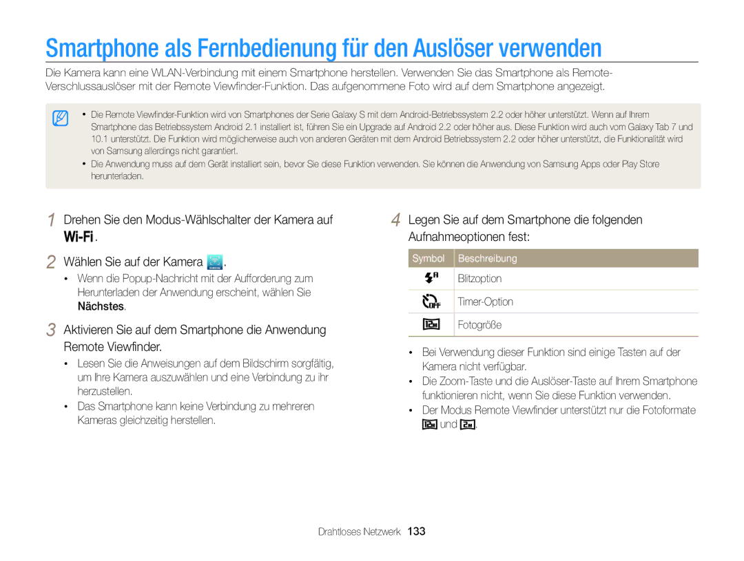 Samsung WB850F, WB855F Smartphone als Fernbedienung für den Auslöser verwenden, Und, Blitzoption Timer-Option Fotogröße 