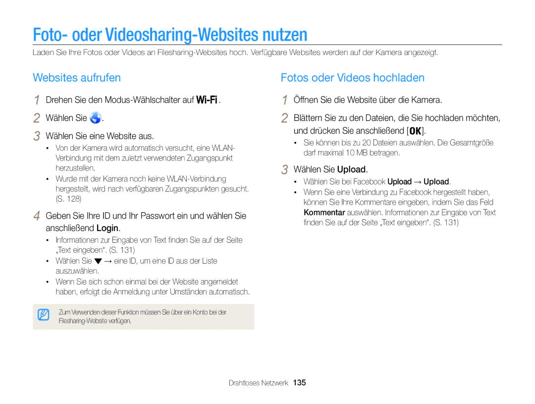 Samsung WB850F Foto- oder Videosharing-Websites nutzen, Websites aufrufen, Fotos oder Videos hochladen, Wählen Sie Upload 